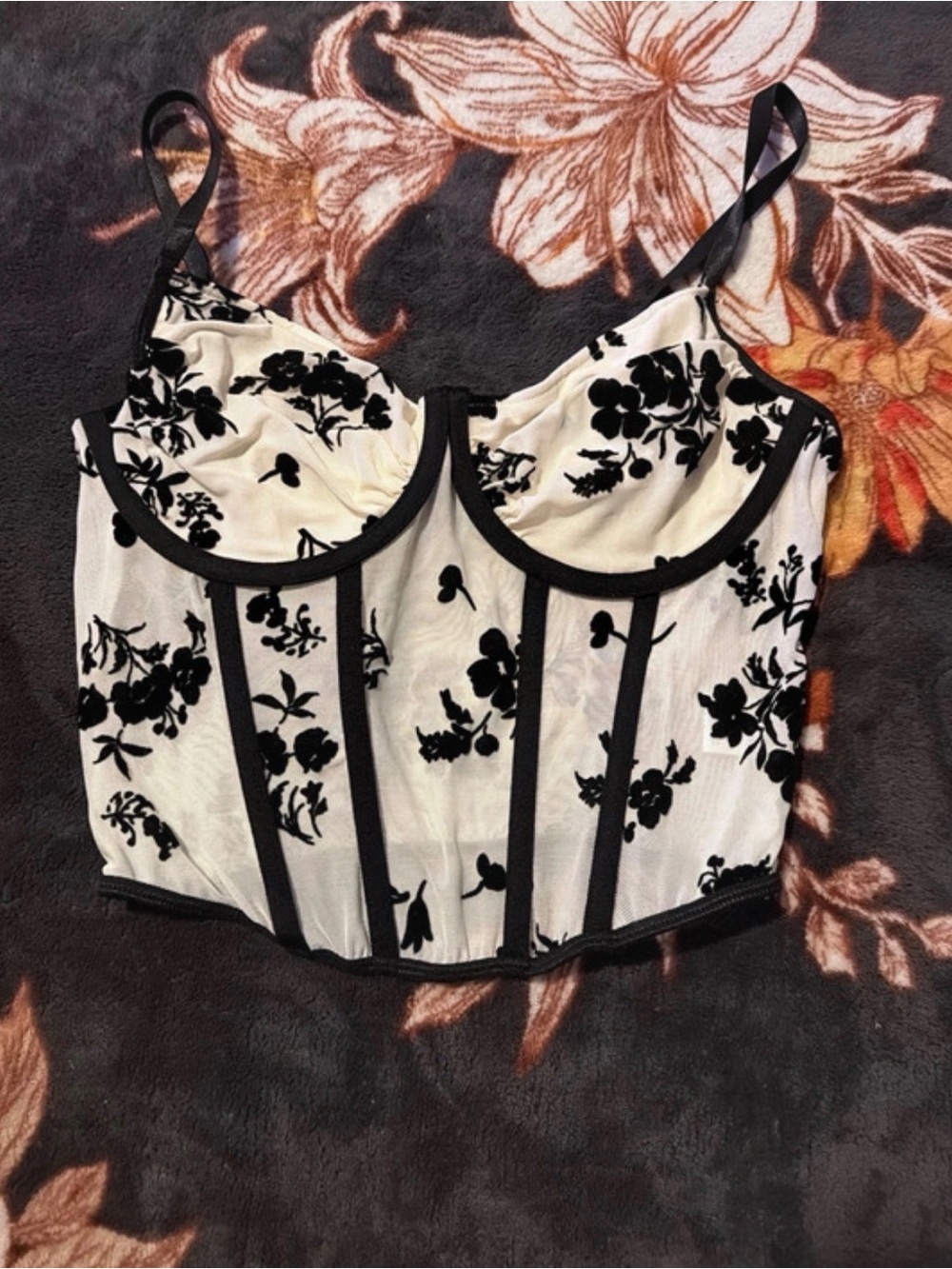 SHEIN Black & Cream Floral Bustier Camisole